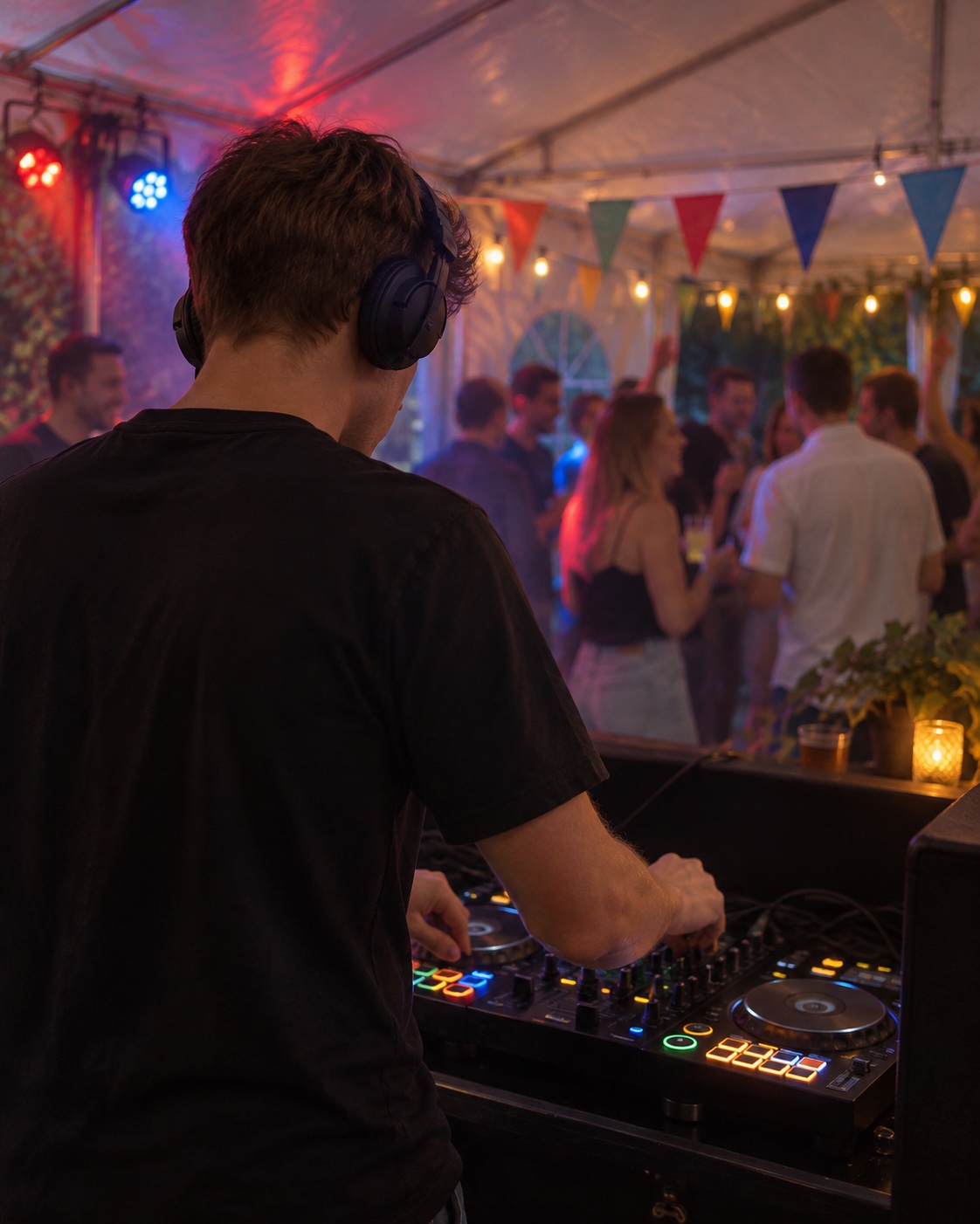 Sfeerbeeld van een DJ van achteren tijdens een kleinschalig feest met gekleurde verlichting